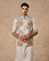 Manyavar Men Beige Blended Cotton Kurta Jacket Set with Print