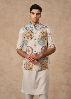Manyavar Men Beige Blended Cotton Kurta Jacket Set with Print