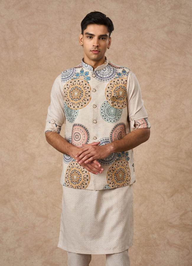 Manyavar Men Beige Blended Cotton Kurta Jacket Set with Print