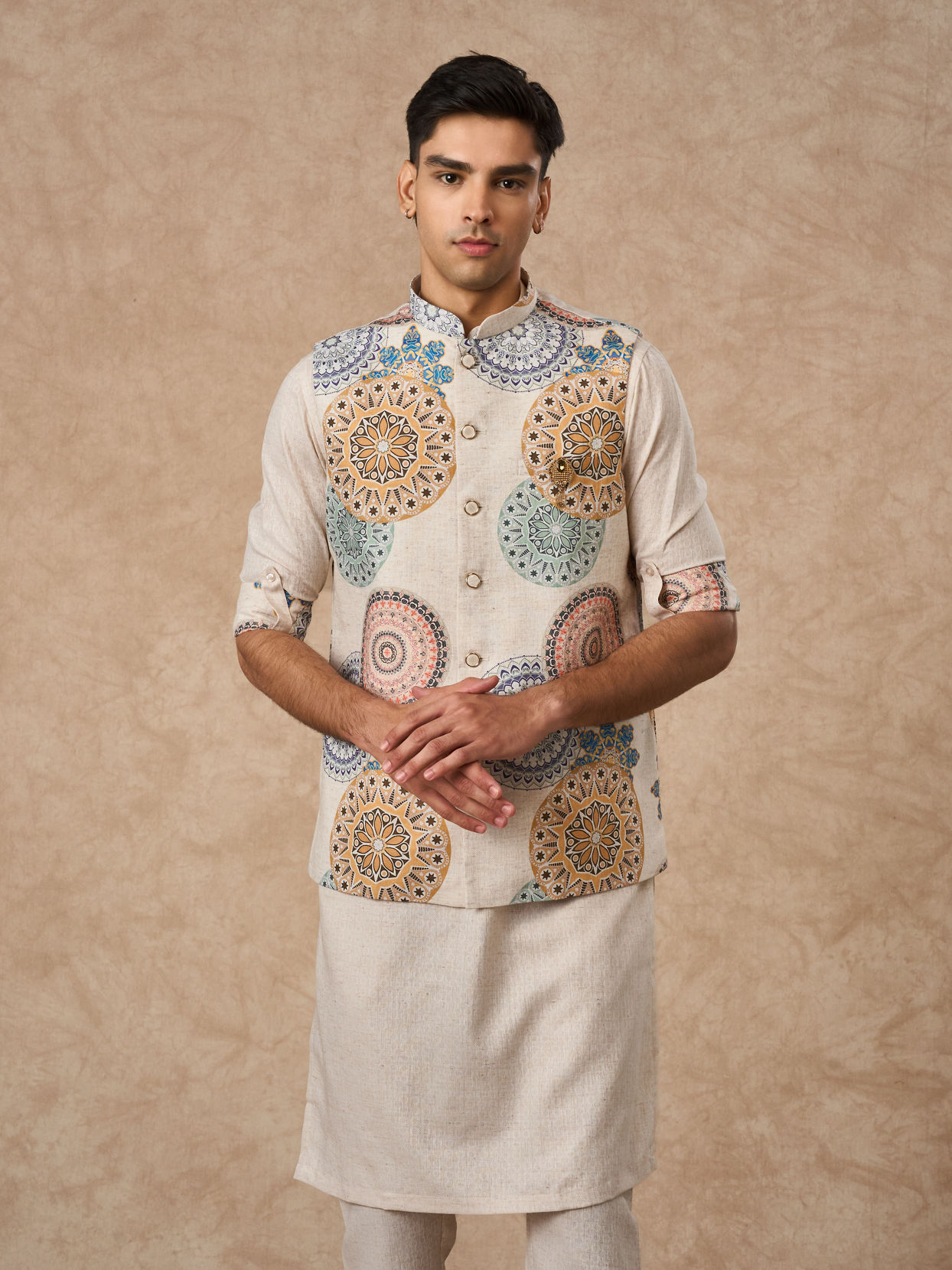 Manyavar Men Beige Blended Cotton Kurta Jacket Set with Print