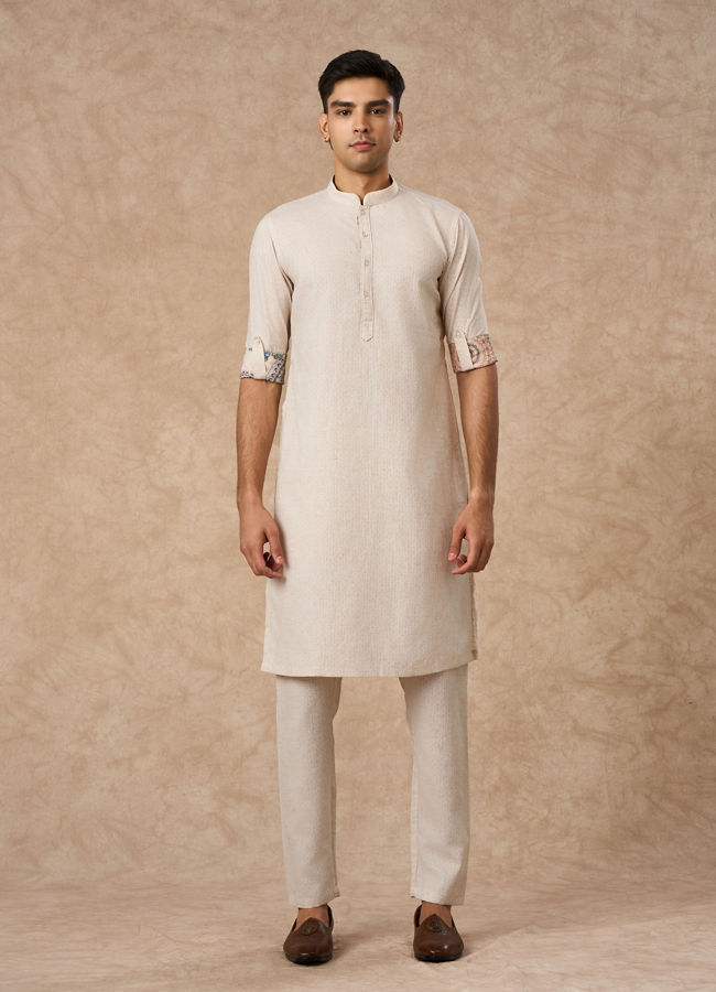 Manyavar Men Beige Blended Cotton Kurta Jacket Set with Print
