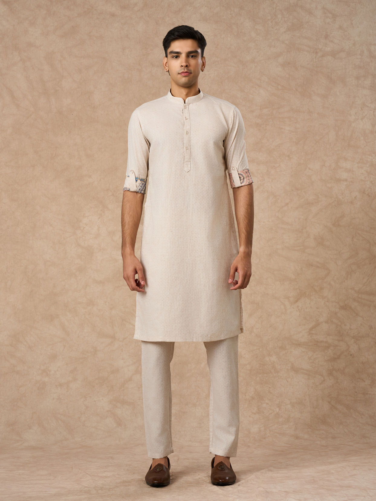 Manyavar Men Beige Blended Cotton Kurta Jacket Set with Print