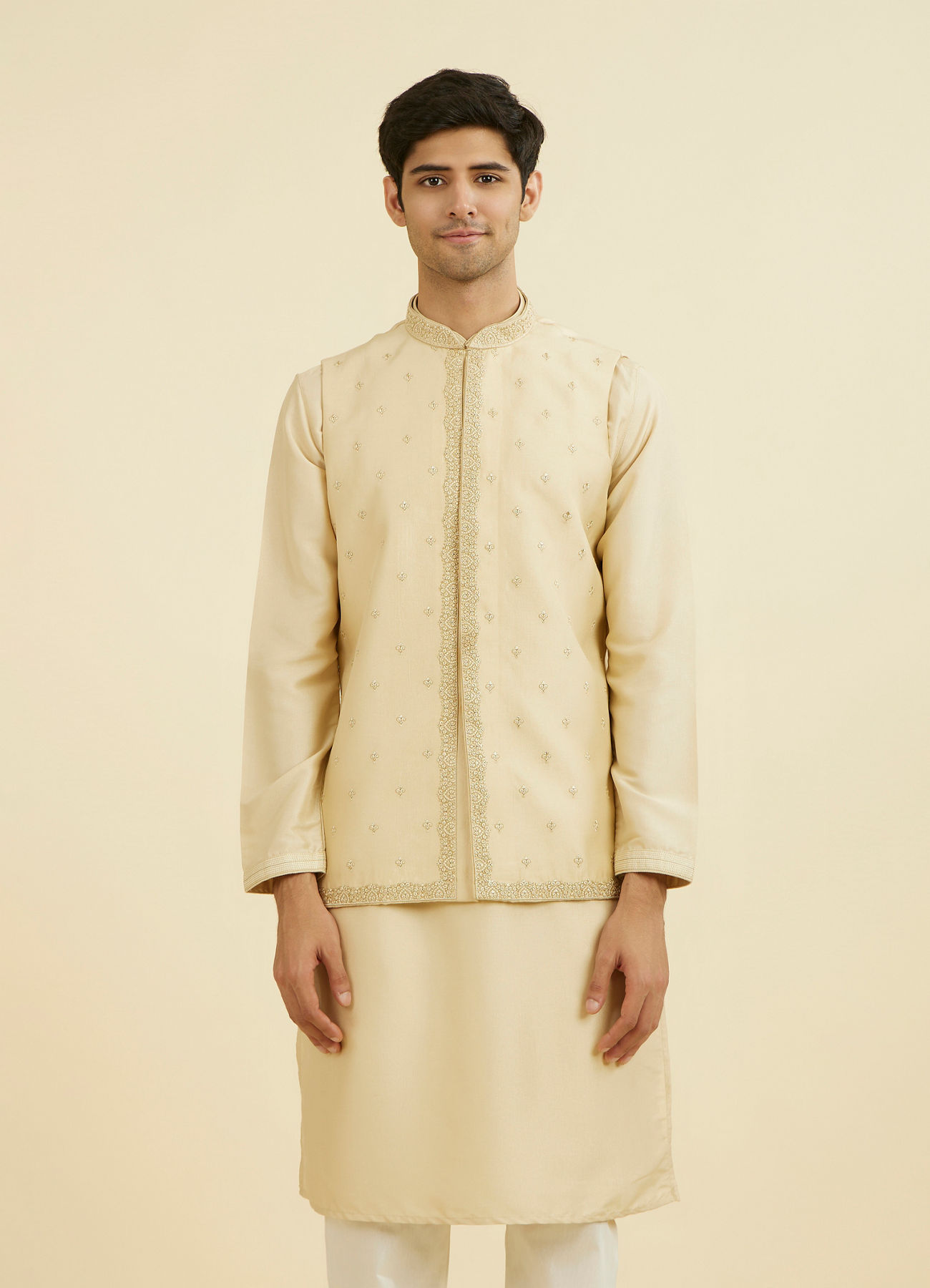 Manyavar Men Regal Beige Kurta Jacket Set