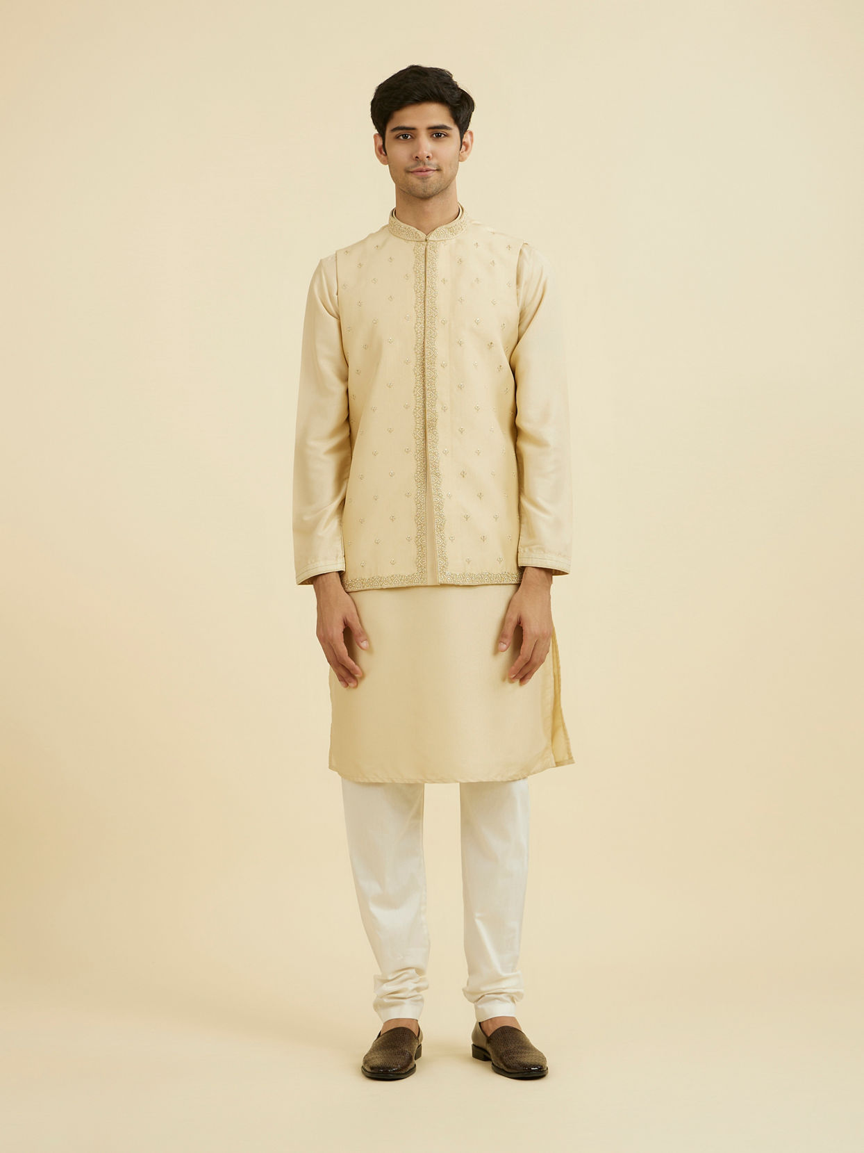 Manyavar Men Regal Beige Kurta Jacket Set