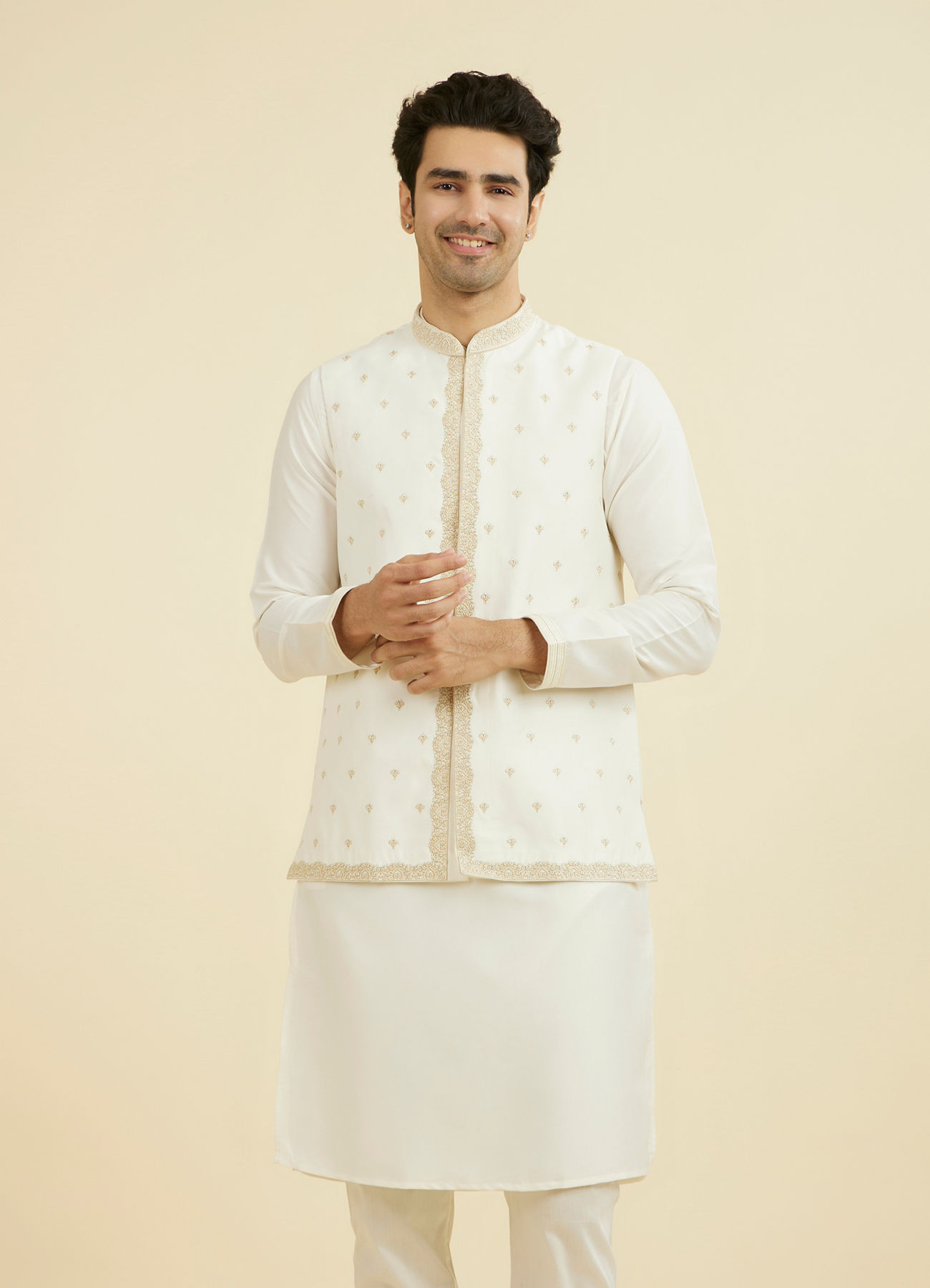 Manyavar Men Warm White Kurta Jacket Set
