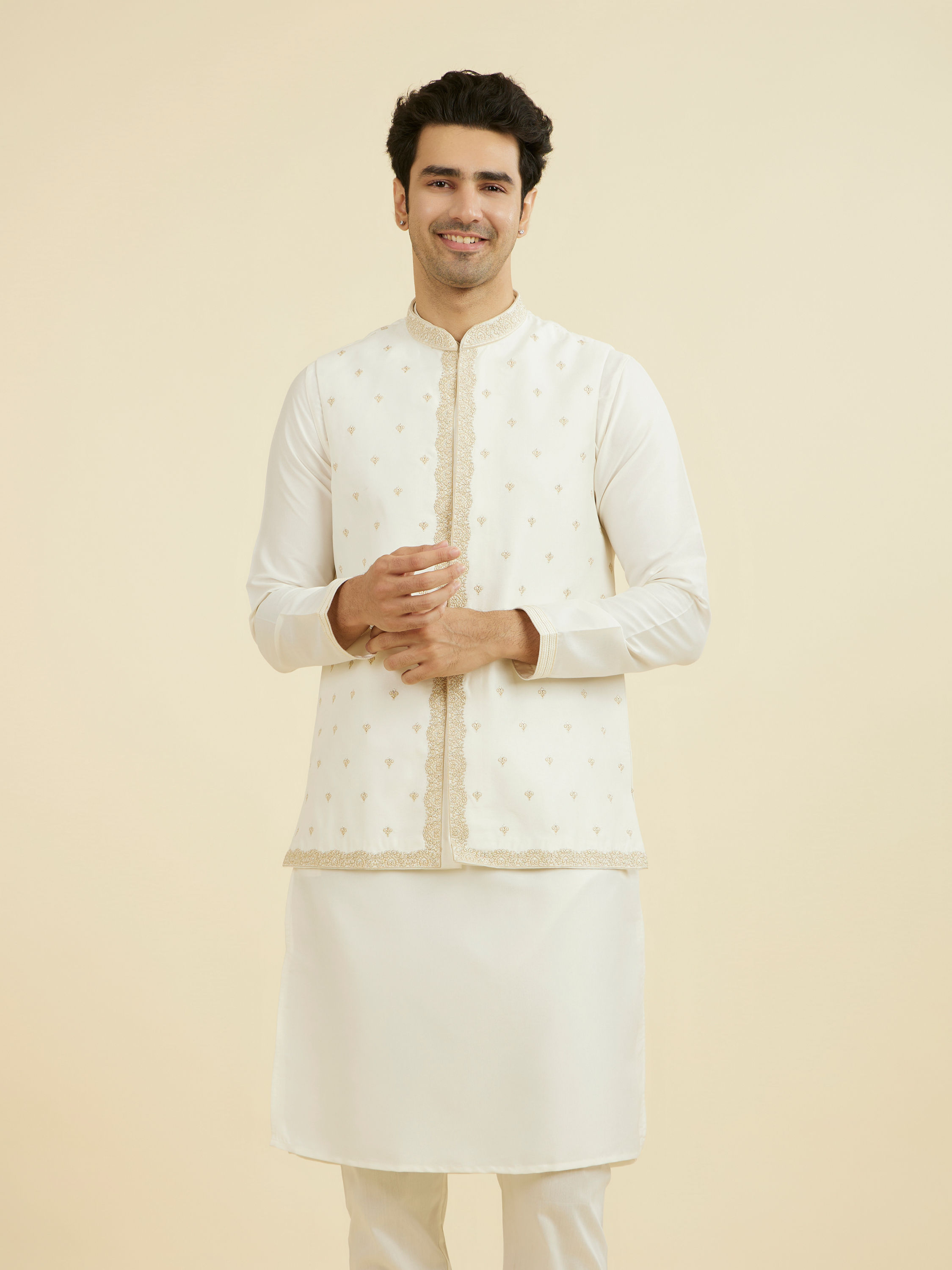 Manyavar Men Warm White Kurta Jacket Set