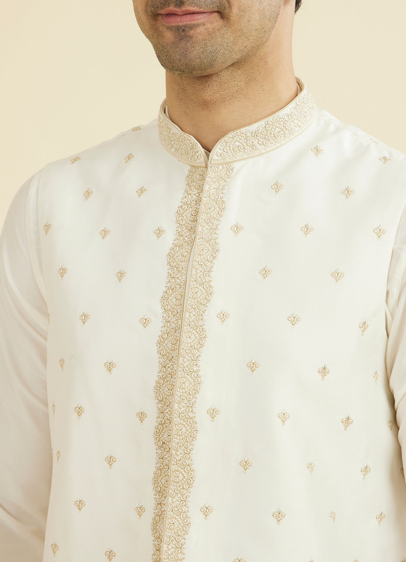 Manyavar Men Warm White Kurta Jacket Set