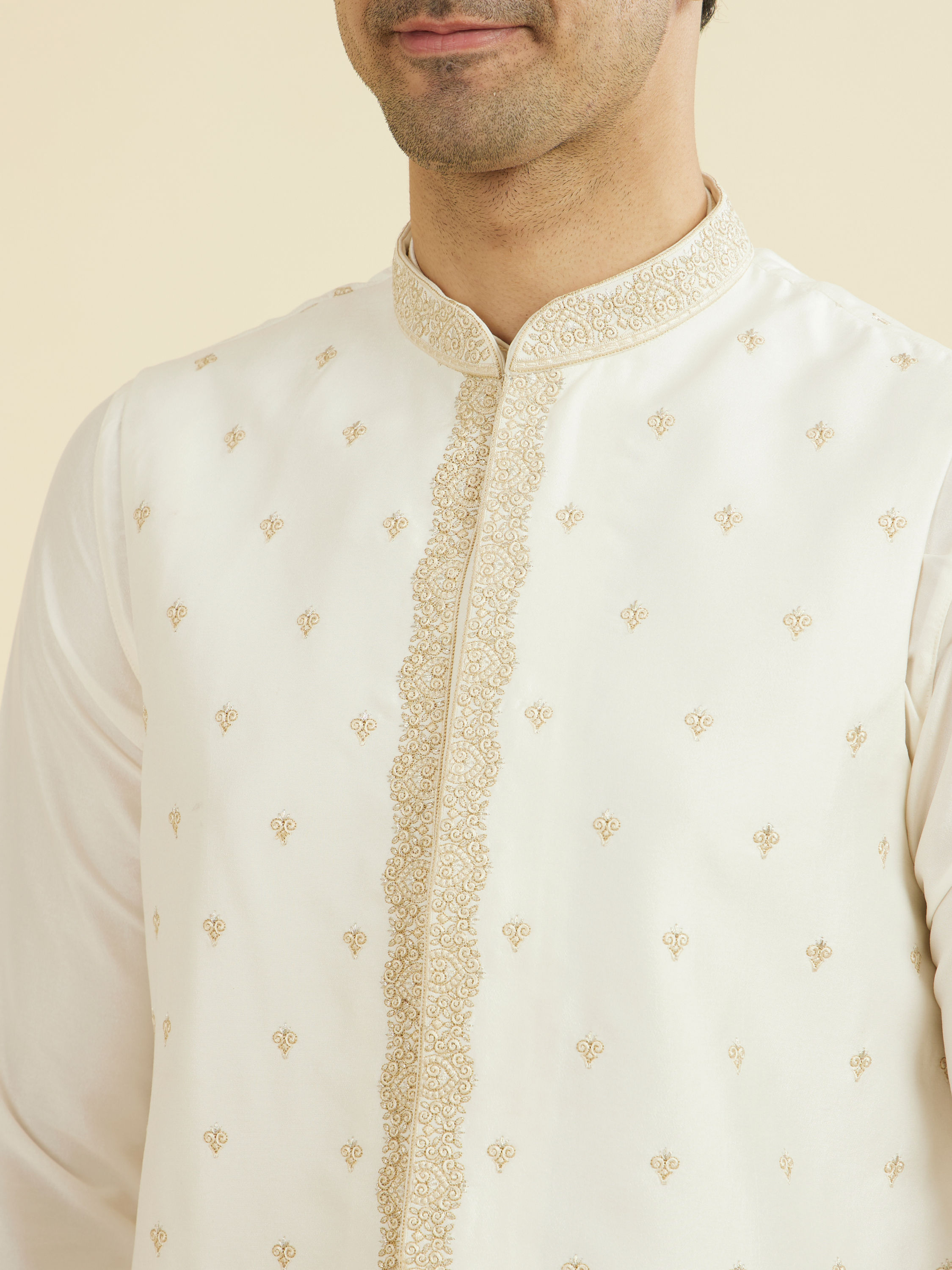 Manyavar Men Warm White Kurta Jacket Set