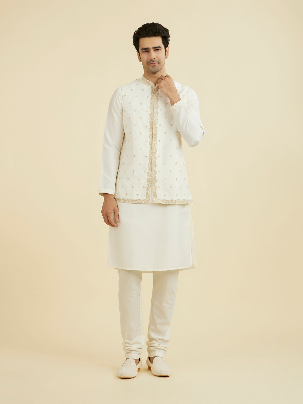 Manyavar Men Warm White Kurta Jacket Set