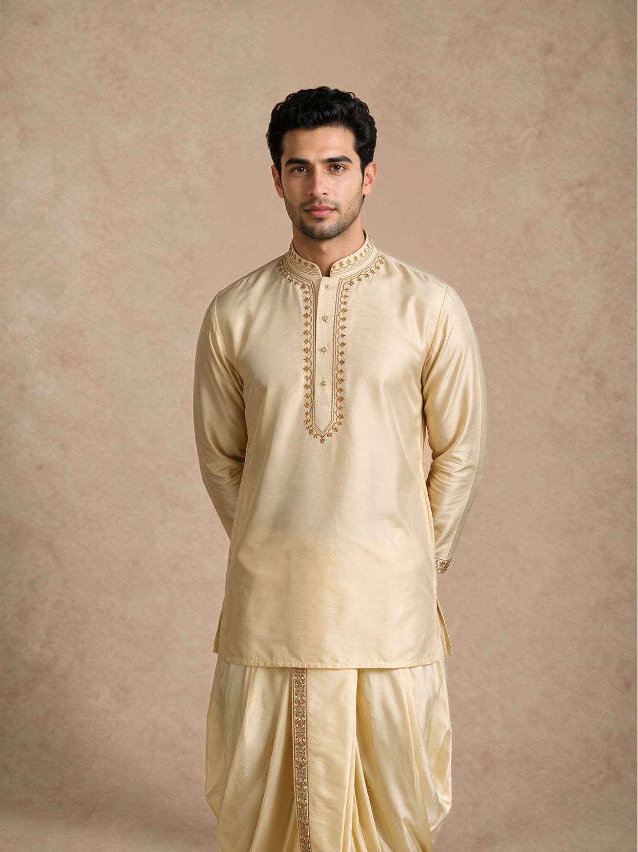 Manyavar Men Cream Silk Thread Embroidered Jacket Set
