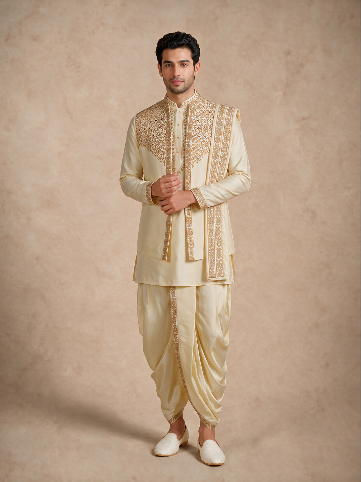 Manyavar Men Cream Silk Thread Embroidered Jacket Set