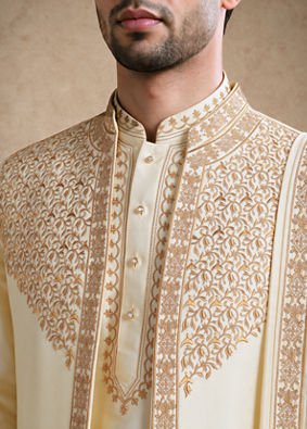 Manyavar Men Cream Silk Thread Embroidered Jacket Set