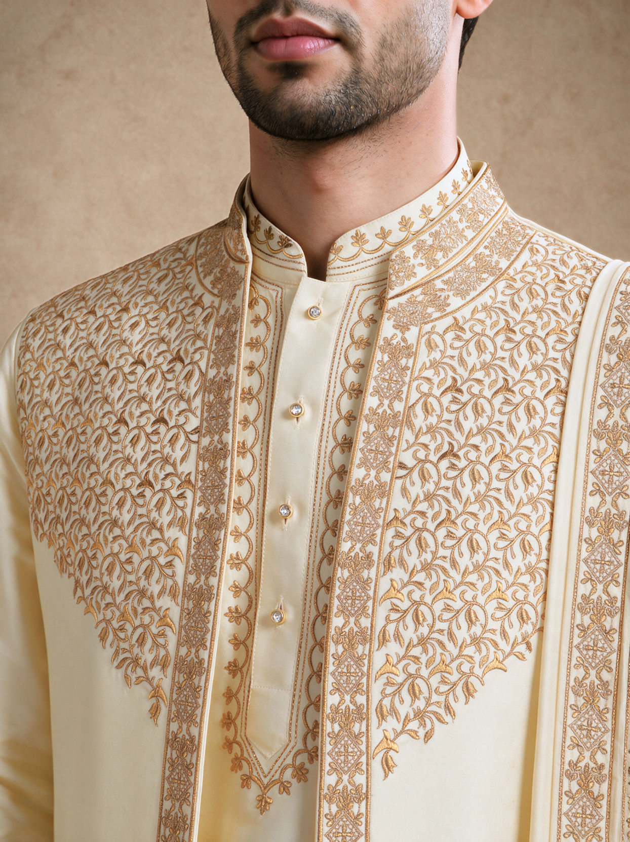 Manyavar Men Cream Silk Thread Embroidered Jacket Set