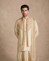 Manyavar Men Cream Silk Thread Embroidered Jacket Set