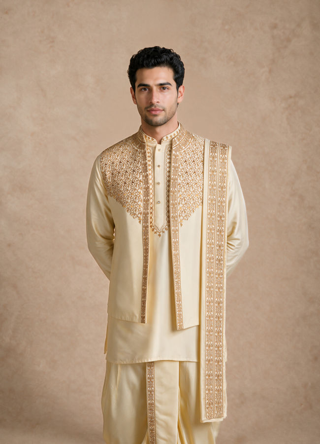 Manyavar Men Cream Silk Thread Embroidered Jacket Set