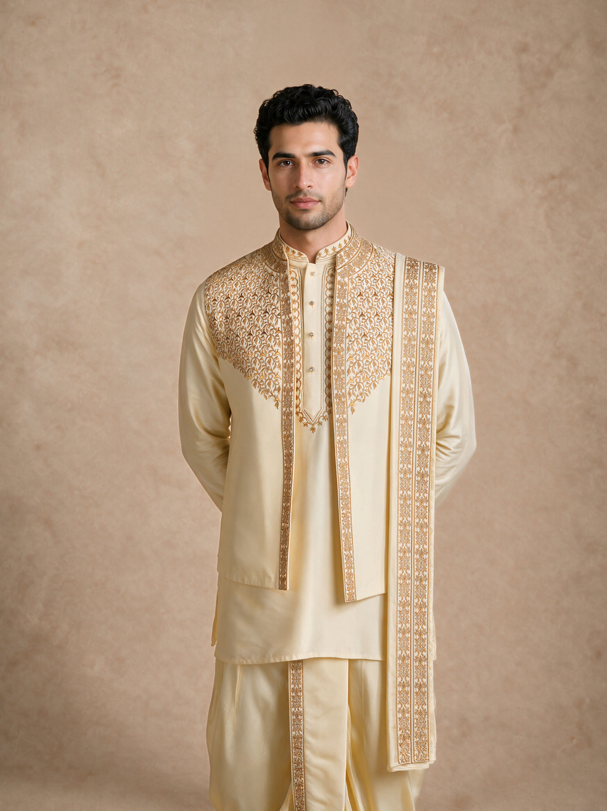 Manyavar Men Cream Silk Thread Embroidered Jacket Set