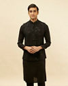 alt message - Manyavar Men Ebony Black Sequined Kurta Jacket Set image number 0