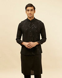 Manyavar Men Ebony Black Sequined Kurta Jacket Set