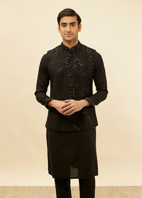 alt message - Manyavar Men Ebony Black Sequined Kurta Jacket Set image number 0