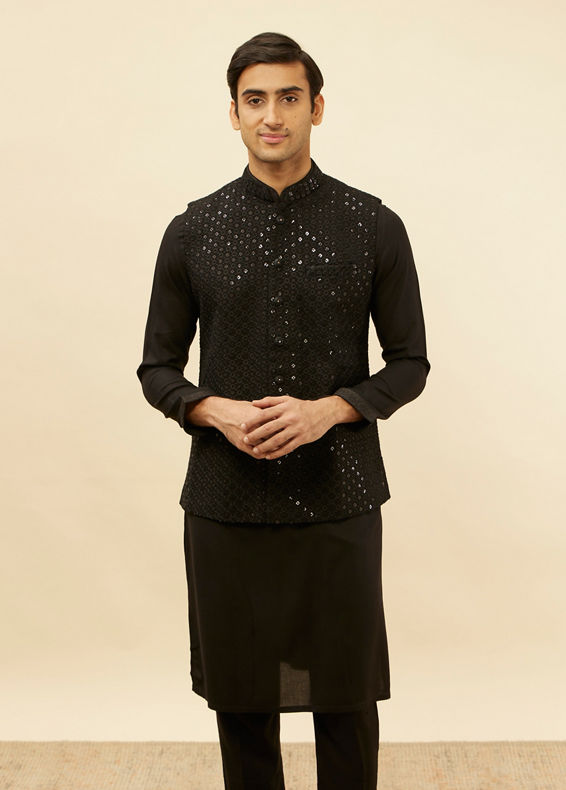 Manyavar Men Ebony Black Sequined Kurta Jacket Set