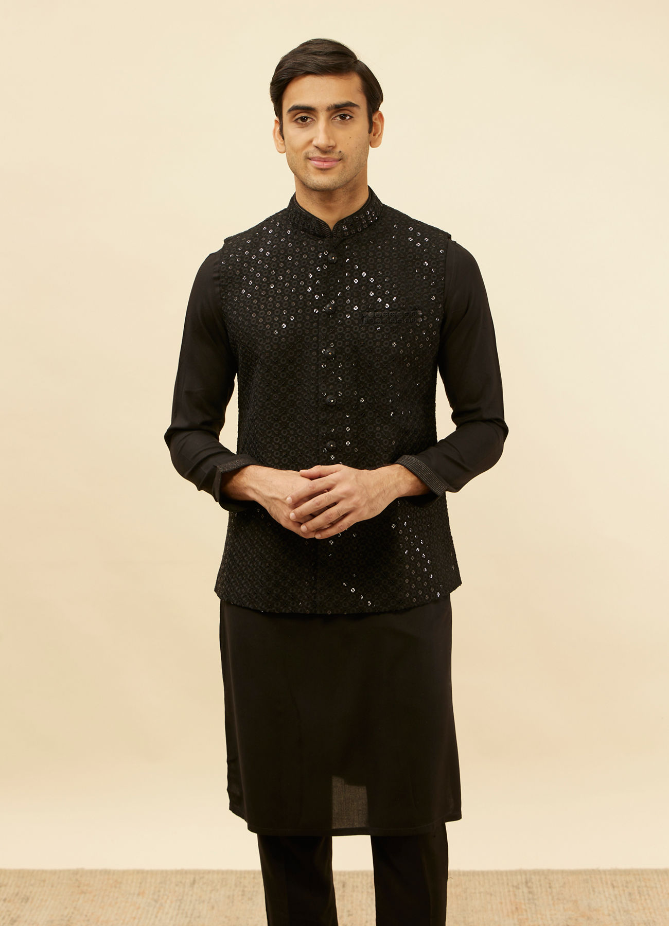 Manyavar Men Ebony Black Sequined Kurta Jacket Set