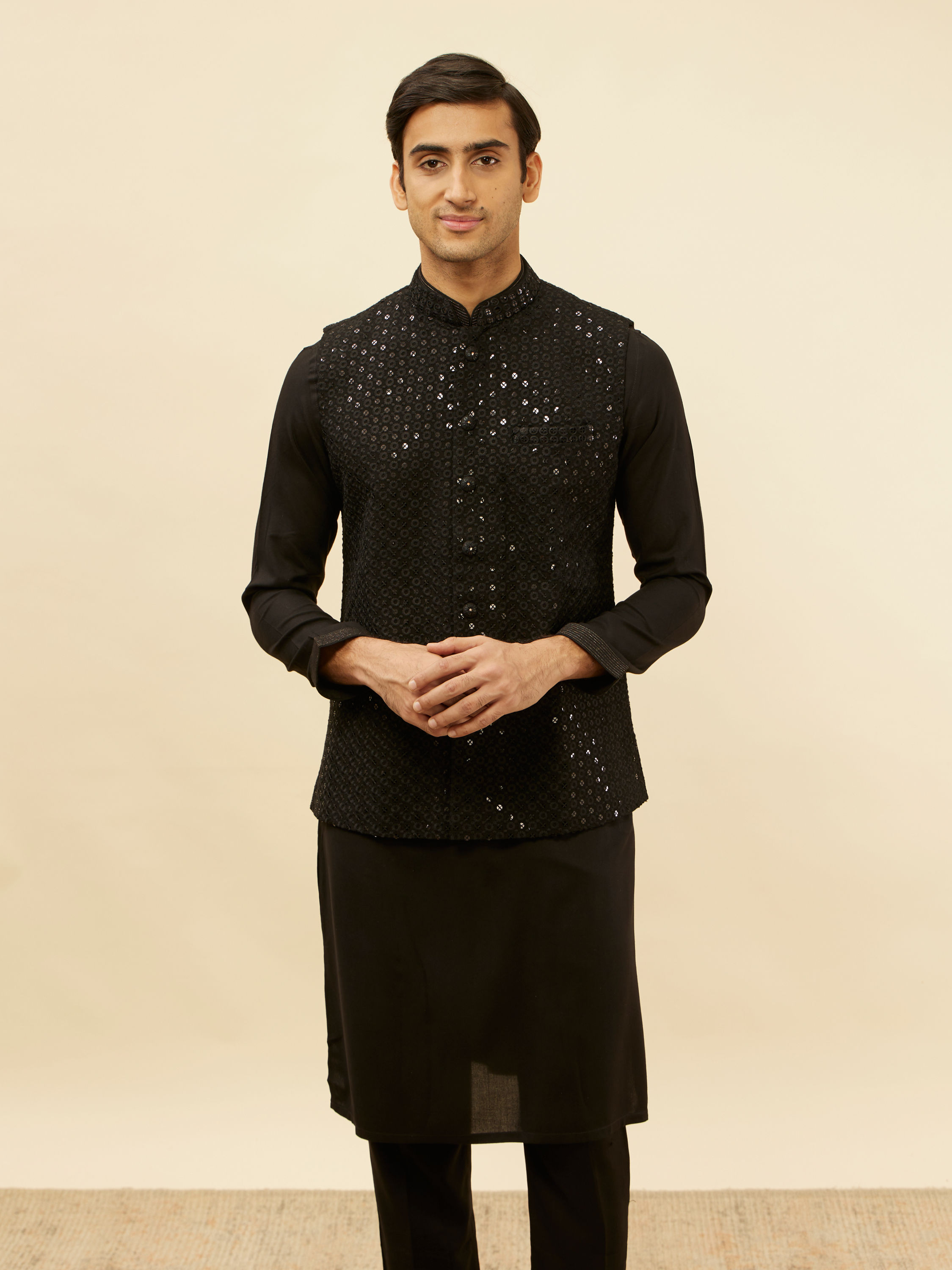 Manyavar Men Ebony Black Sequined Kurta Jacket Set