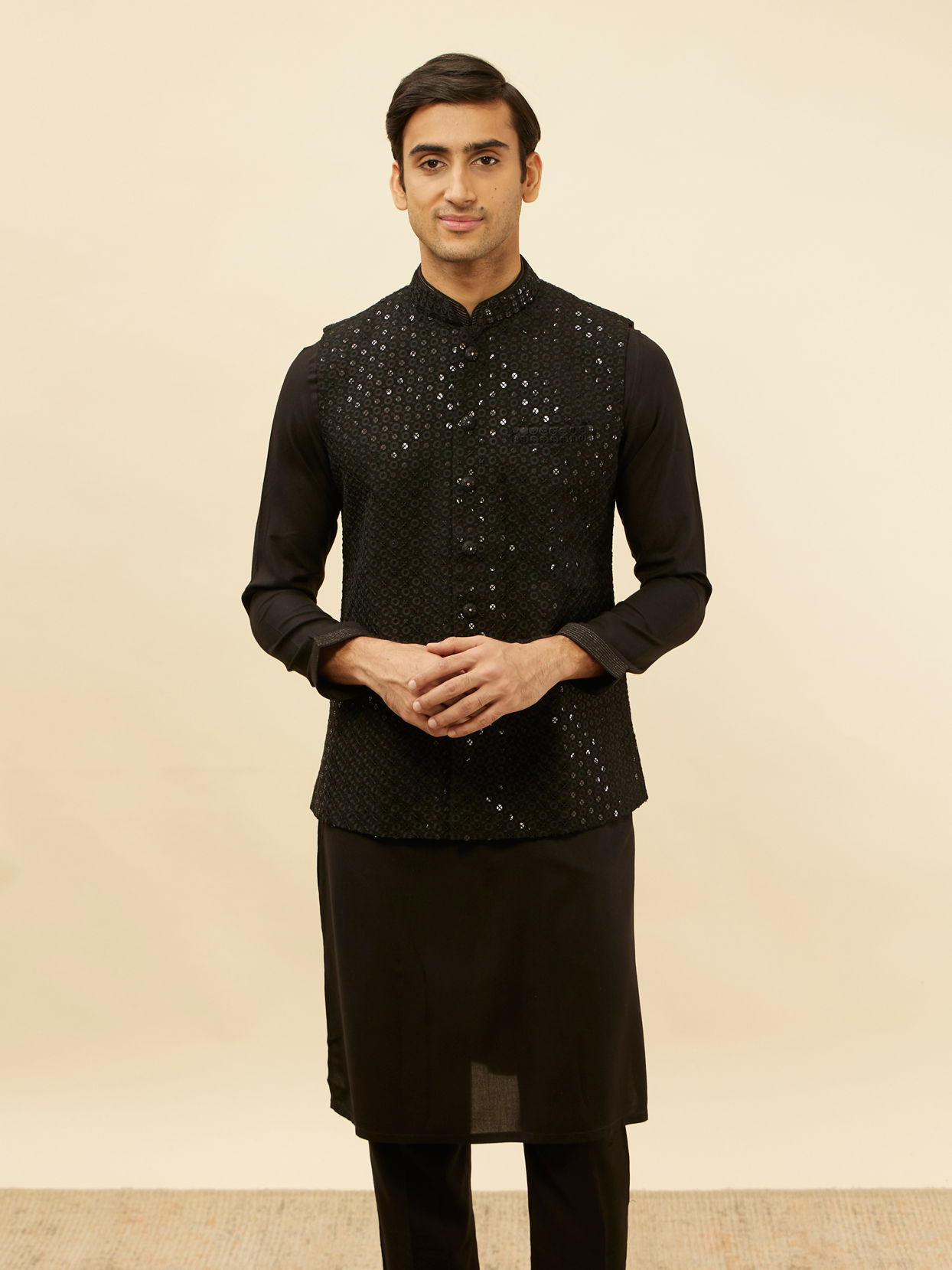 alt message - Manyavar Men Ebony Black Sequined Kurta Jacket Set image number 0