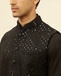 Manyavar Men Ebony Black Sequined Kurta Jacket Set