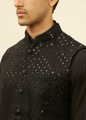 alt message - Manyavar Men Ebony Black Sequined Kurta Jacket Set image number 1