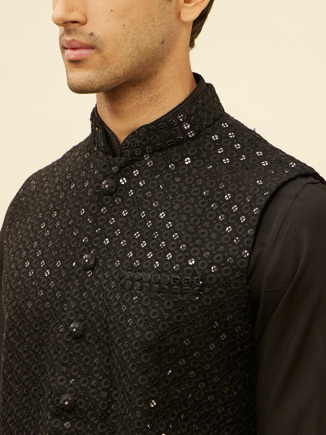 alt message - Manyavar Men Ebony Black Sequined Kurta Jacket Set image number 1