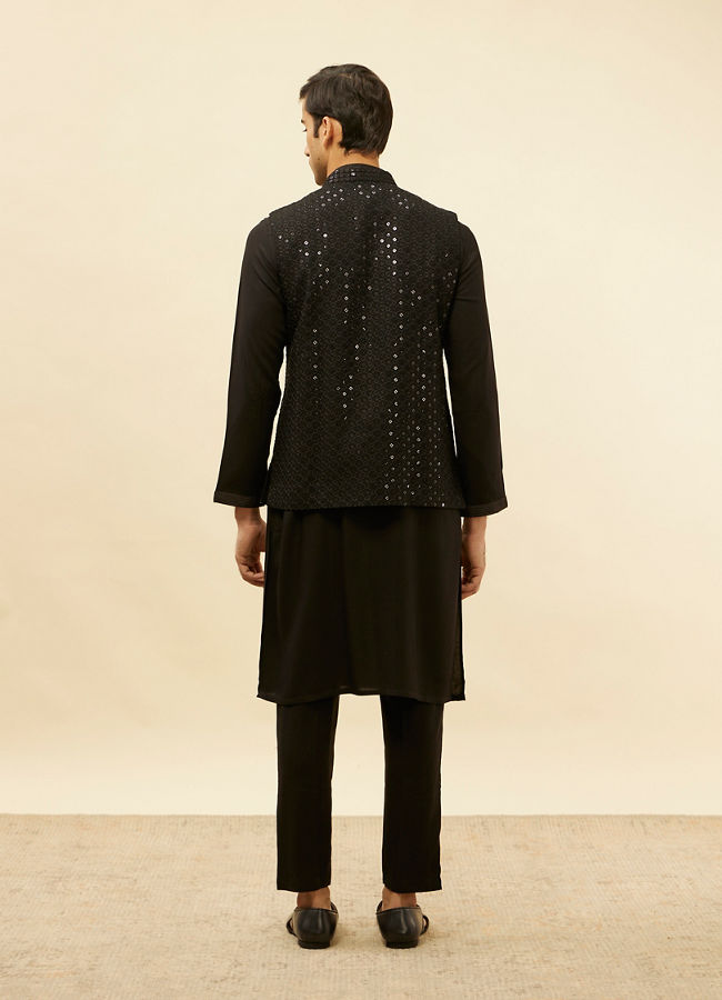 Manyavar Men Ebony Black Sequined Kurta Jacket Set