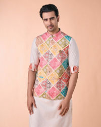 Manyavar Men Beige Linen Kurta Jacket Set
