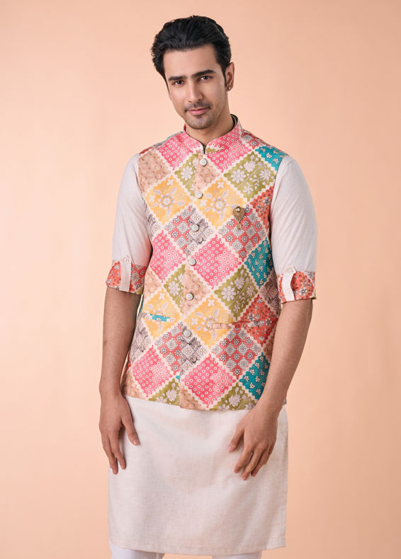 Manyavar Men Beige Linen Kurta Jacket Set