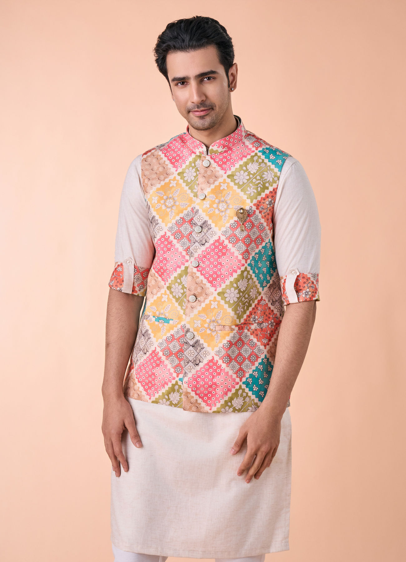 Manyavar Men Beige Linen Kurta Jacket Set