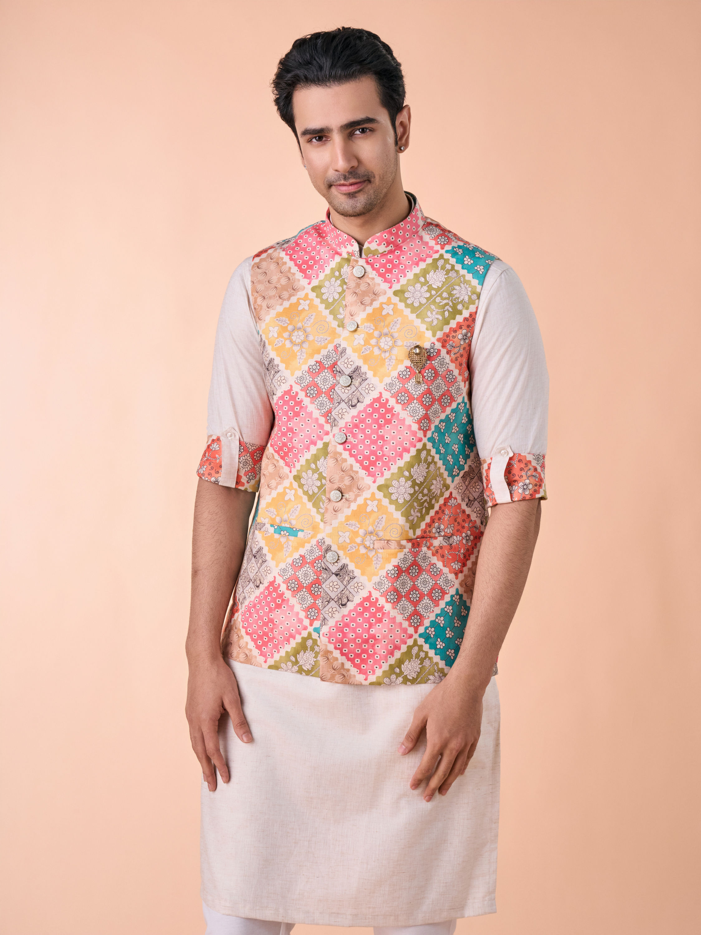 Manyavar Men Beige Linen Kurta Jacket Set