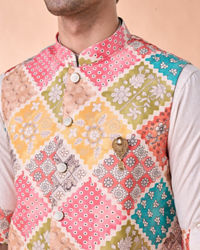 Manyavar Men Beige Linen Kurta Jacket Set