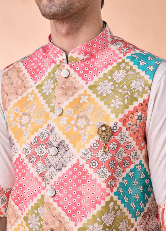Manyavar Men Beige Linen Kurta Jacket Set