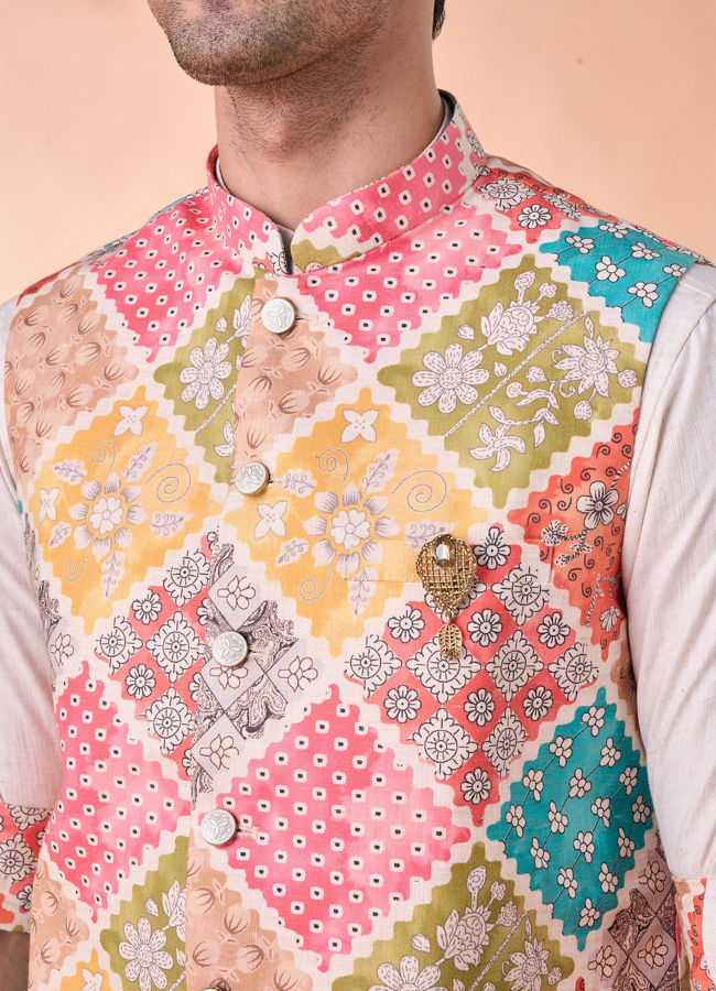 Manyavar Men Beige Linen Kurta Jacket Set