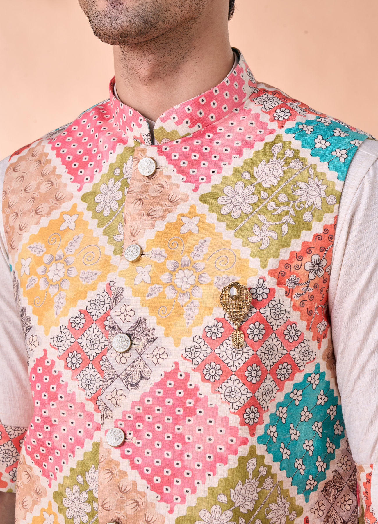 Manyavar Men Beige Linen Kurta Jacket Set