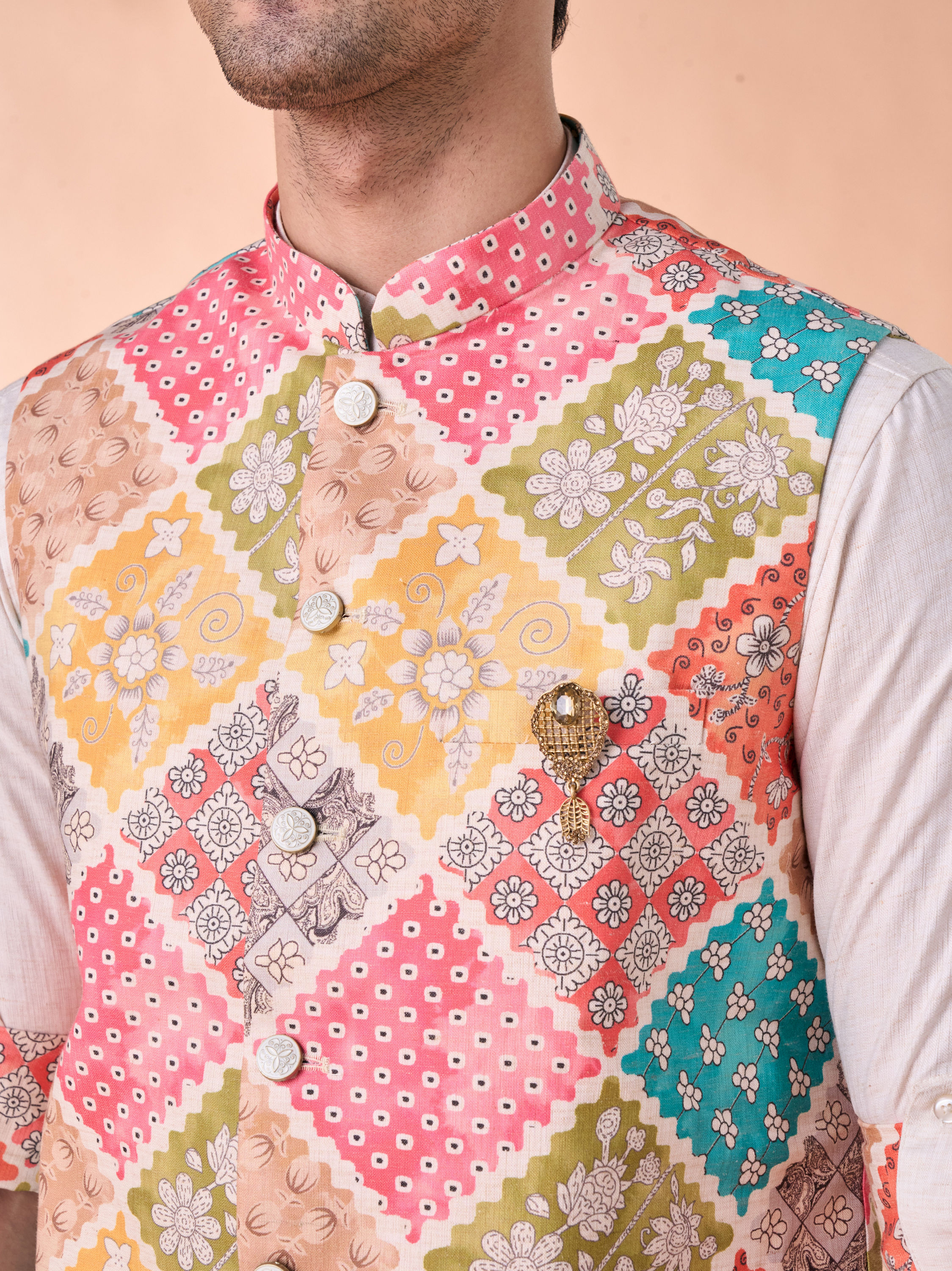Manyavar Men Beige Linen Kurta Jacket Set