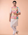 Manyavar Men Beige Linen Kurta Jacket Set