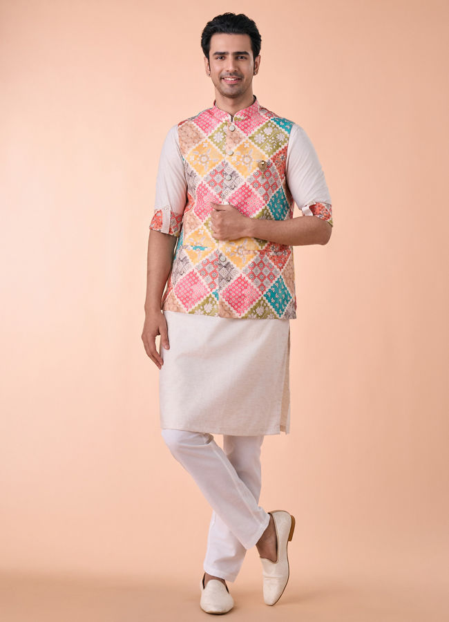 Manyavar Men Beige Linen Kurta Jacket Set