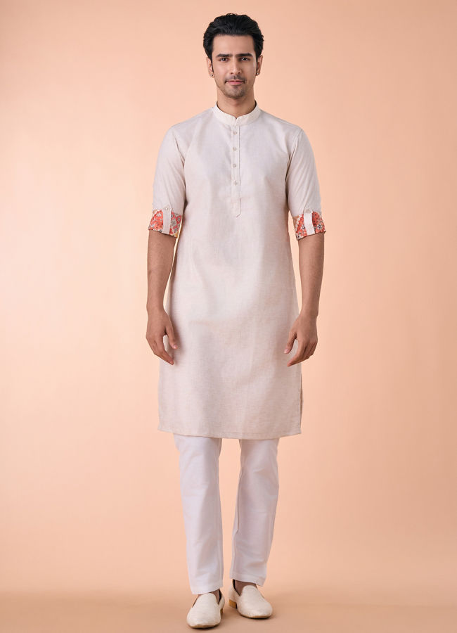 Manyavar Men Beige Linen Kurta Jacket Set