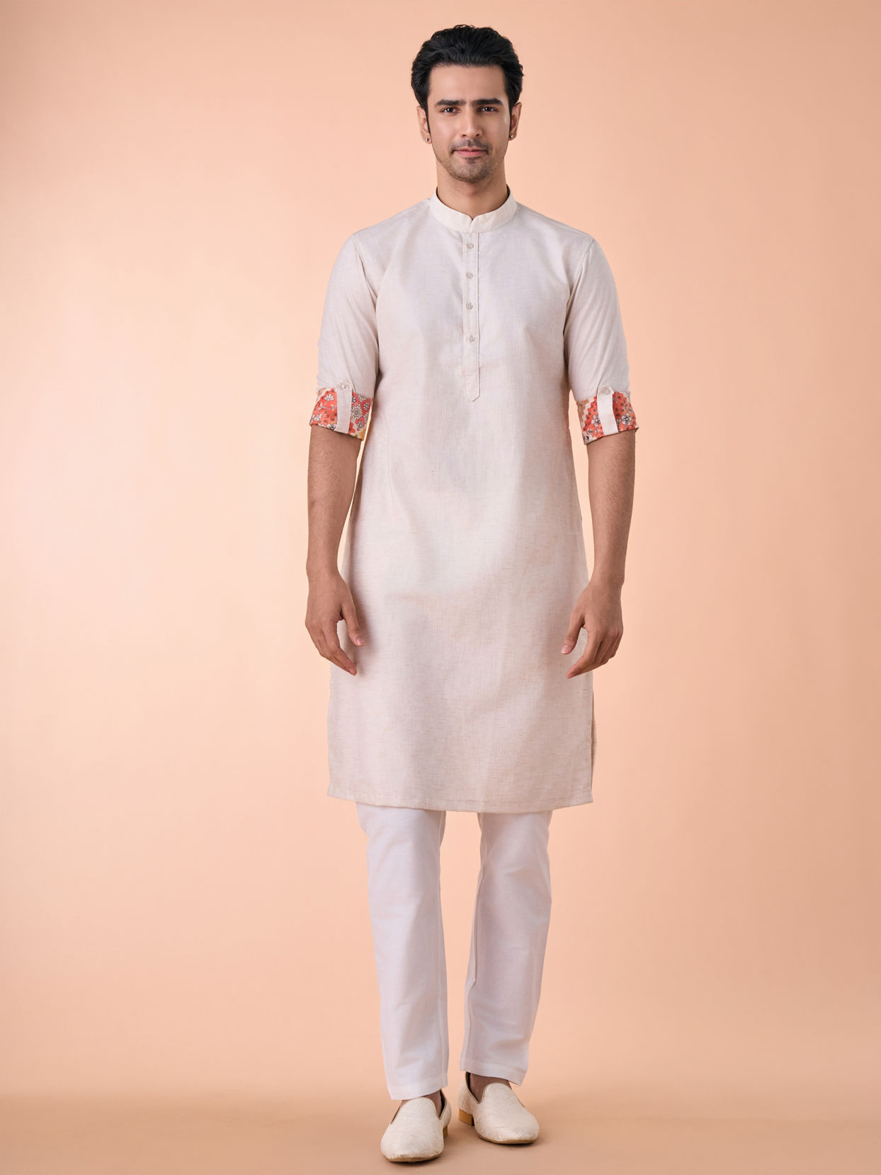 Manyavar Men Beige Linen Kurta Jacket Set