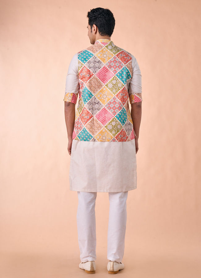 Manyavar Men Beige Linen Kurta Jacket Set