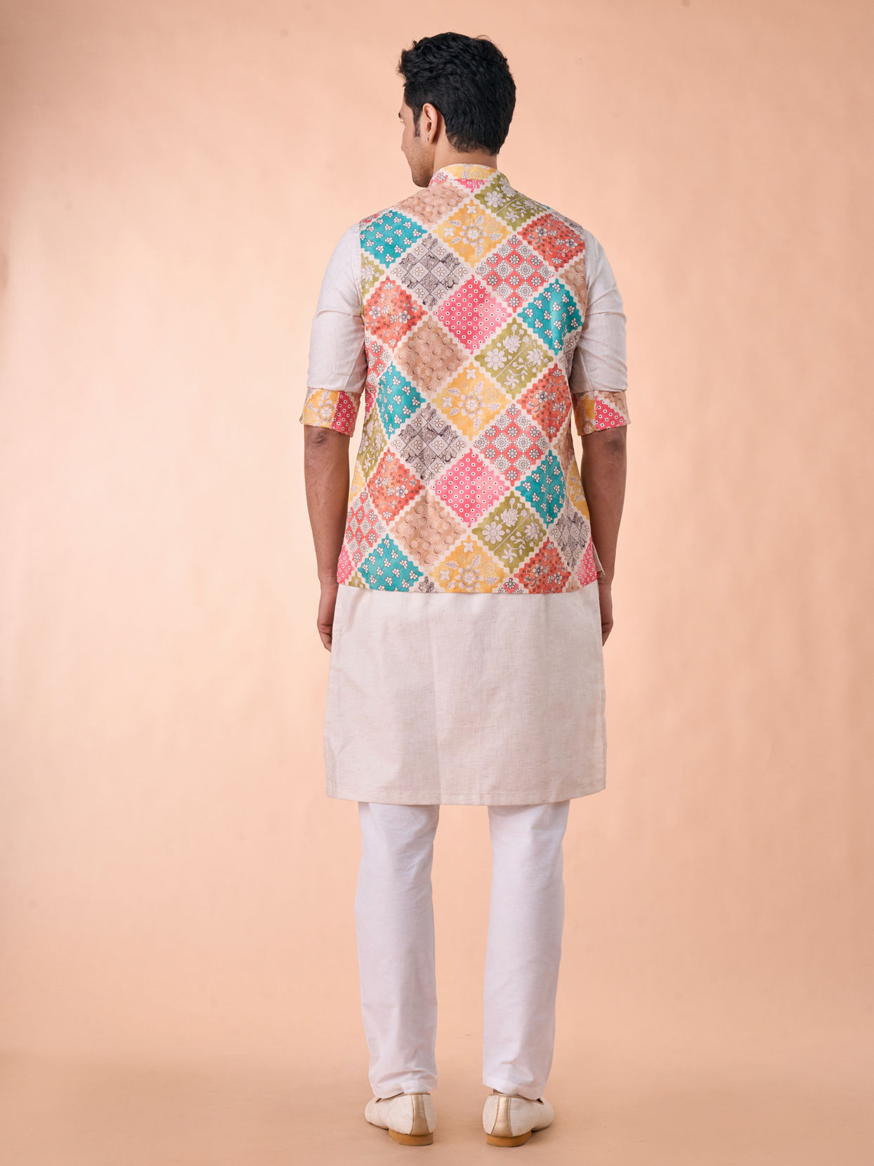 Manyavar Men Beige Linen Kurta Jacket Set