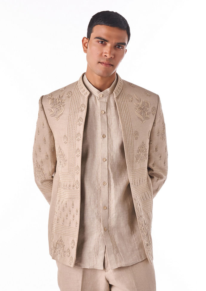 Twamev Men Beige Linen Indo Western with Embroidery