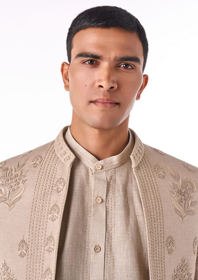 Twamev Men Beige Linen Indo Western with Embroidery
