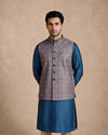 Manyavar Men Blue Silk Jacket Set with Thread Embroidery