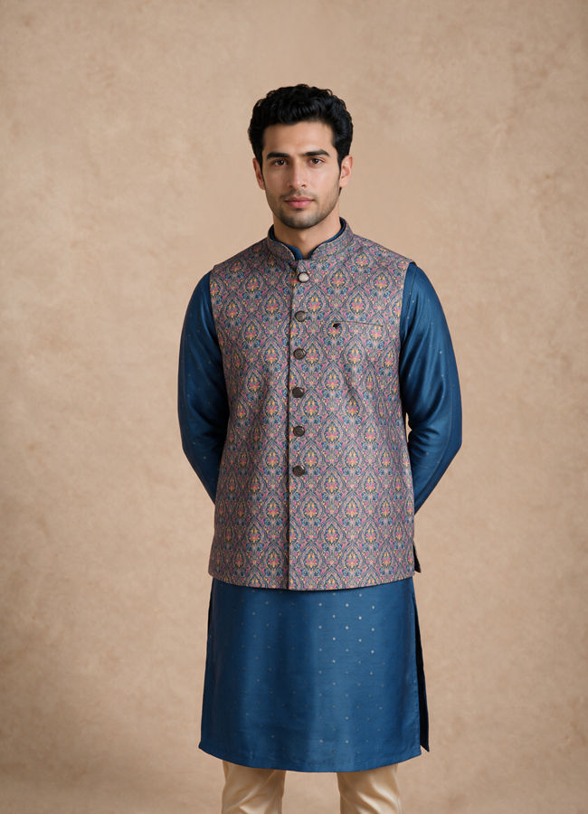 Manyavar Men Blue Silk Jacket Set with Thread Embroidery